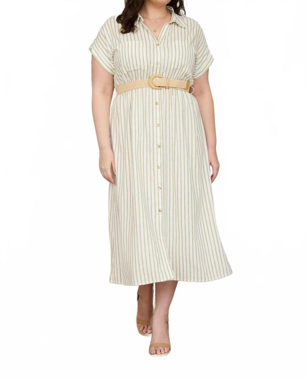 NEW BLU PEPPER belted shirt midi dress - plus in olive stripe